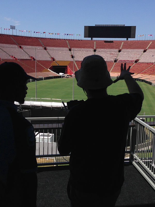 A One World Terrain (OWT) team flying drones for a photogrammetric capture of the USC Coliseum.