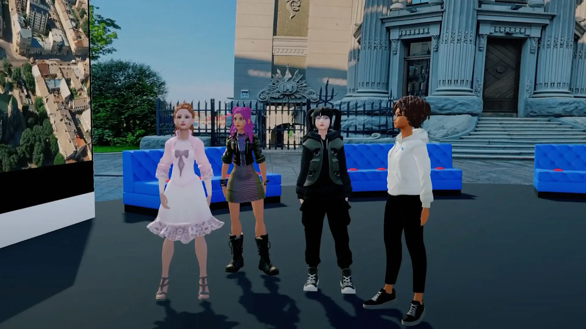 Screenshot of virtual characters standing in Ukrainian city in Metaverse