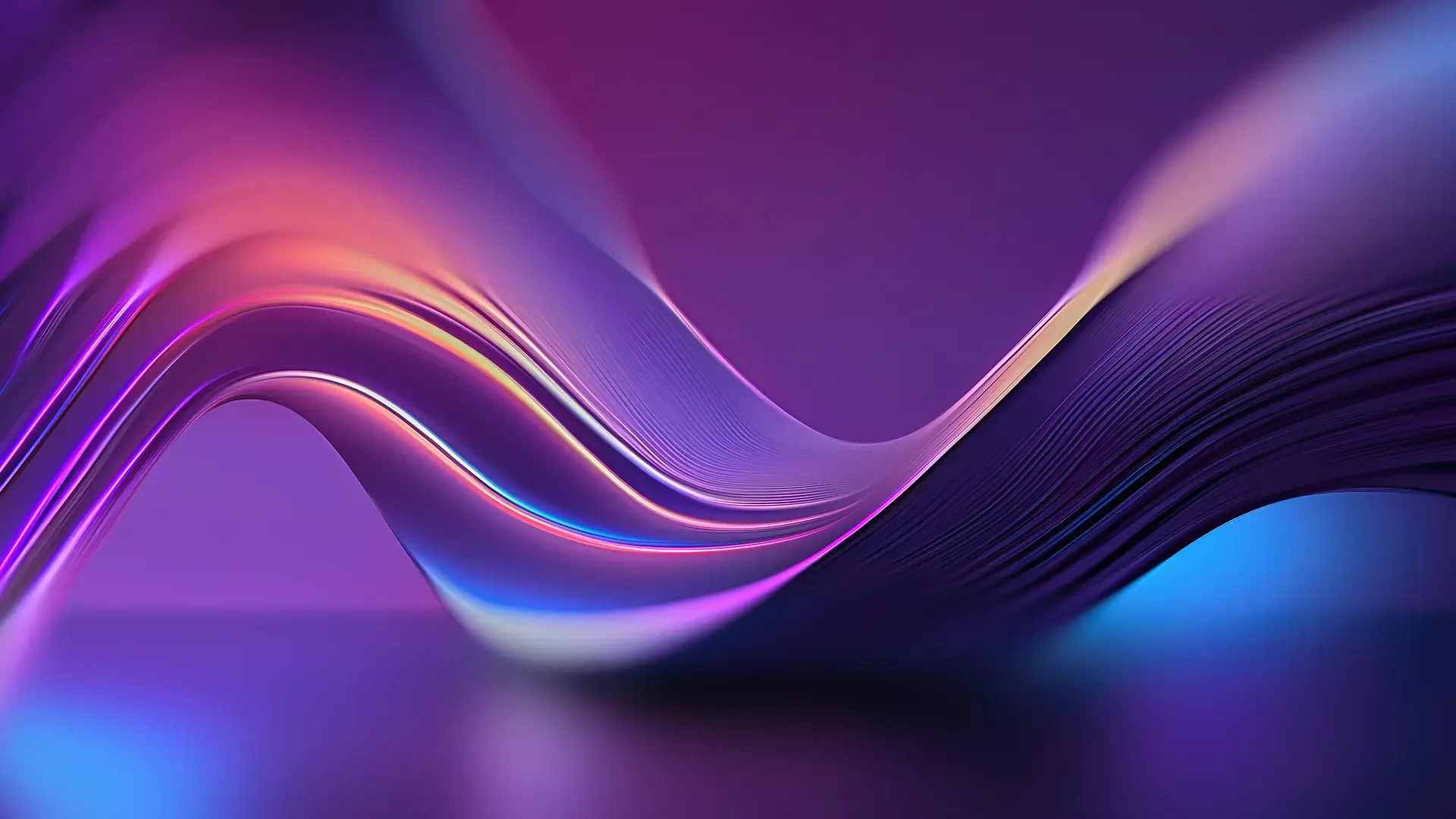 An abstract graphic of lines shaping forming wave like shape on a florescent magenta and blue background.