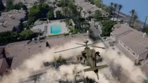 a helicopter flying over the houses in a 3D environment