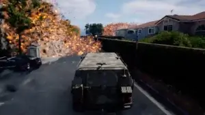 an armored vehicle passing by the exploding house in a 3D environment