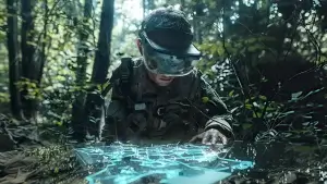 Army men using VR headset to visualize stratergy in the middle of a conflict